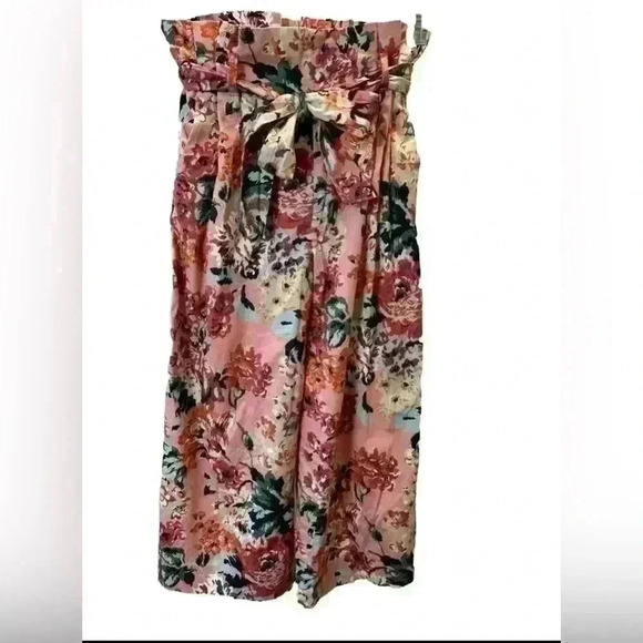 Zara Pink Floral Wide Leg Pants Tie Waist High Rise- Size Extra Small - Picture 4 of 8